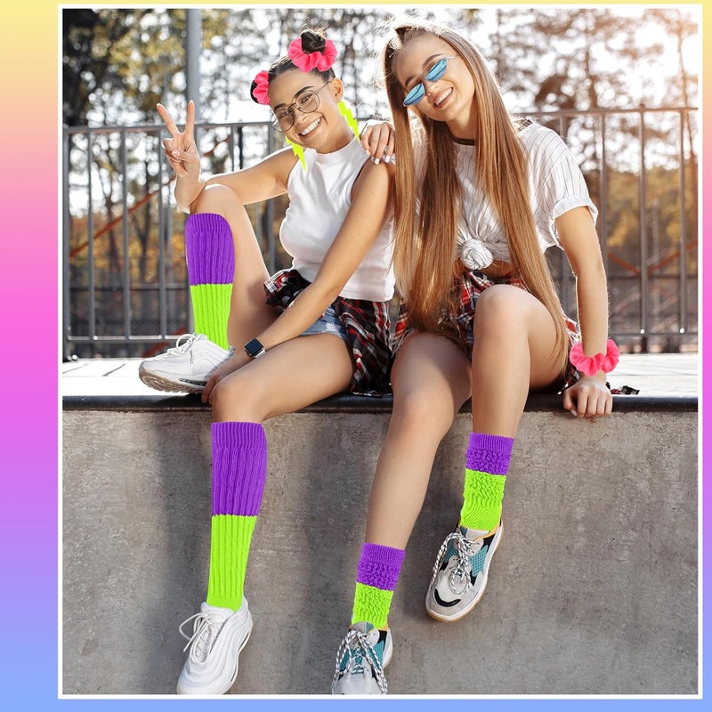 TRIITECH Store Neon Slouch Socks for Women, 80s 90s Scrunch Knee High Socks with Neon Earrings and Scrunchies for 80s 90s Party - Image 5